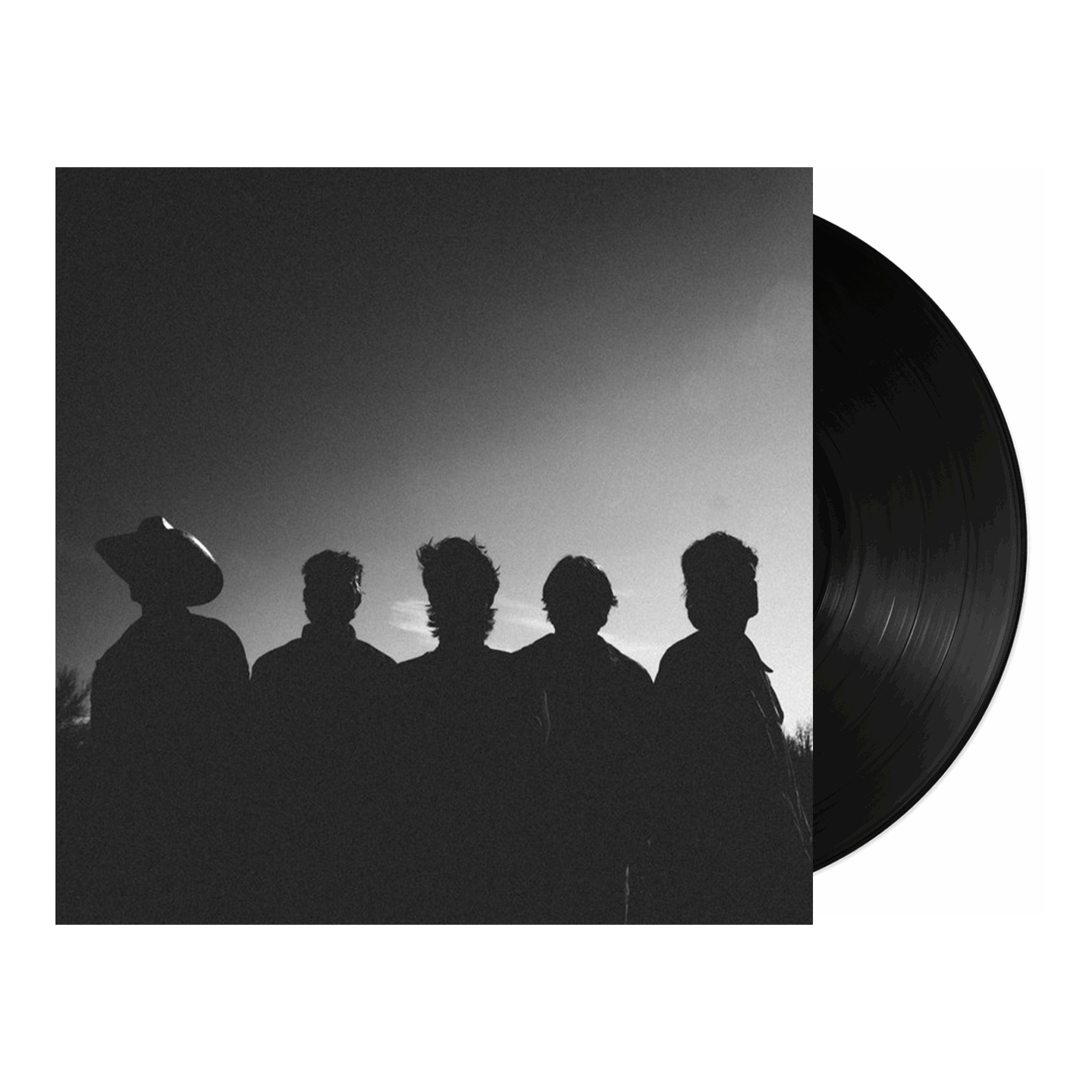 Vinyl record with a silhouette cover of five people against a sunset sky