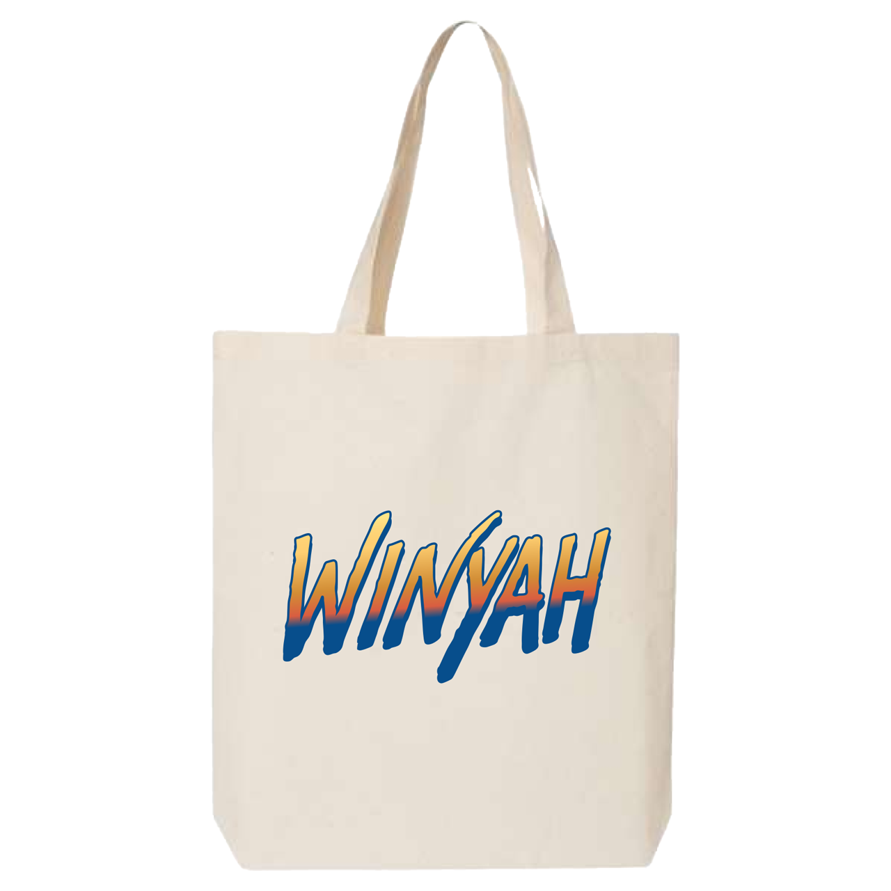 Beige tote bag with 'Winyah' text in blue and orange on a white background