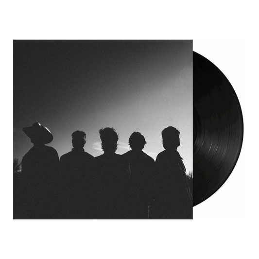 Vinyl record with a silhouette cover of five people against a sunset sky