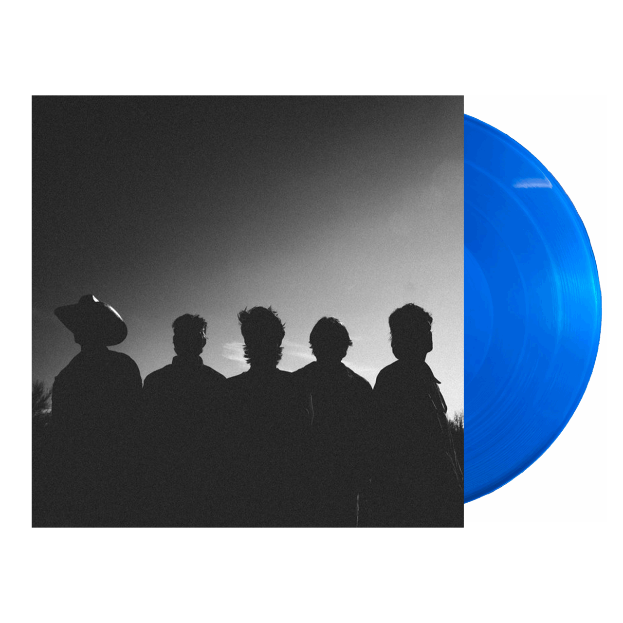 Blue vinyl record with silhouette of five people against a sunset sky