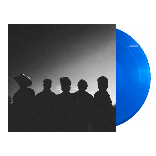 Blue vinyl record with silhouette of five people against a sunset sky