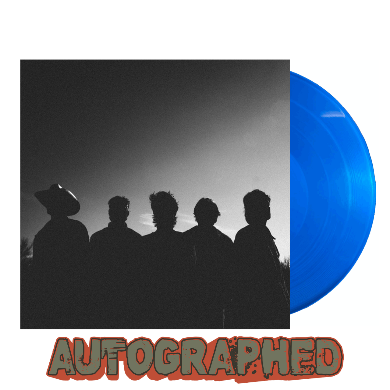 Blue vinyl record with silhouette design and 'Autographed' text on a white background