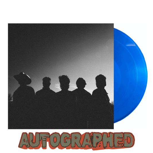 Blue vinyl record with silhouette design and 'Autographed' text on a white background