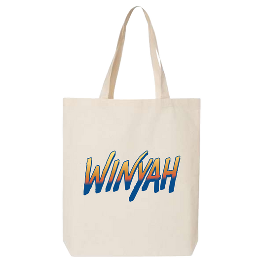 Beige tote bag with 'Winyah' text in blue and orange on a white background