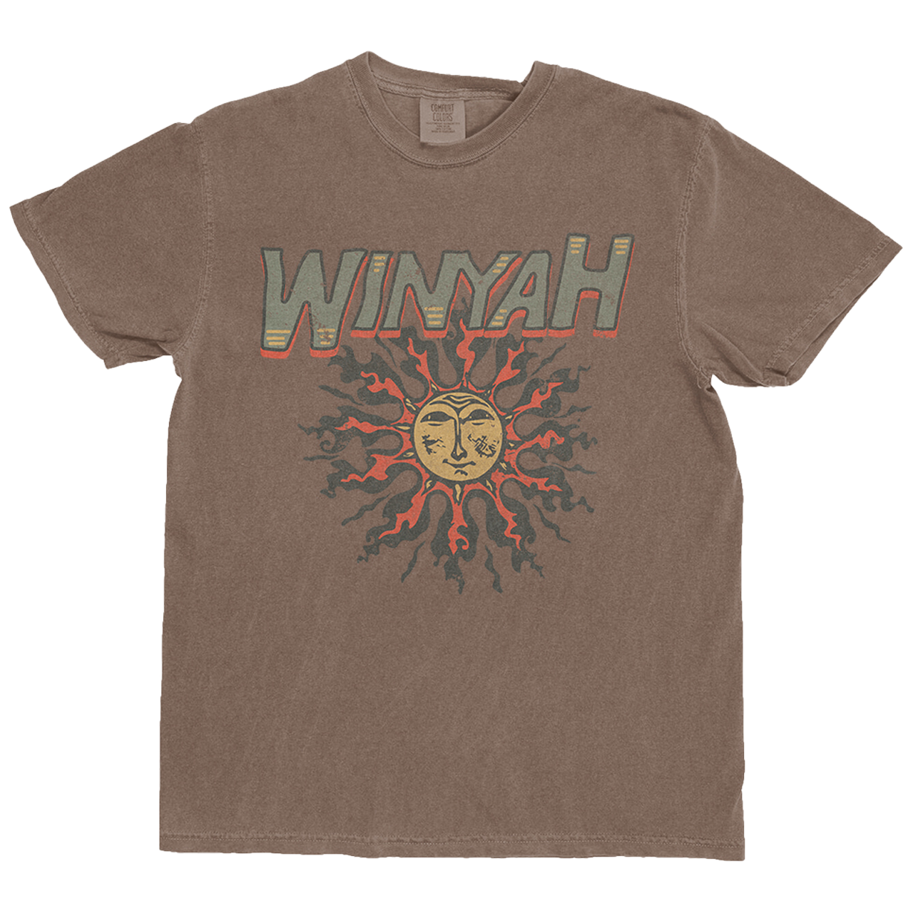 Brown t-shirt with 'Winyah' graphic design on a white background