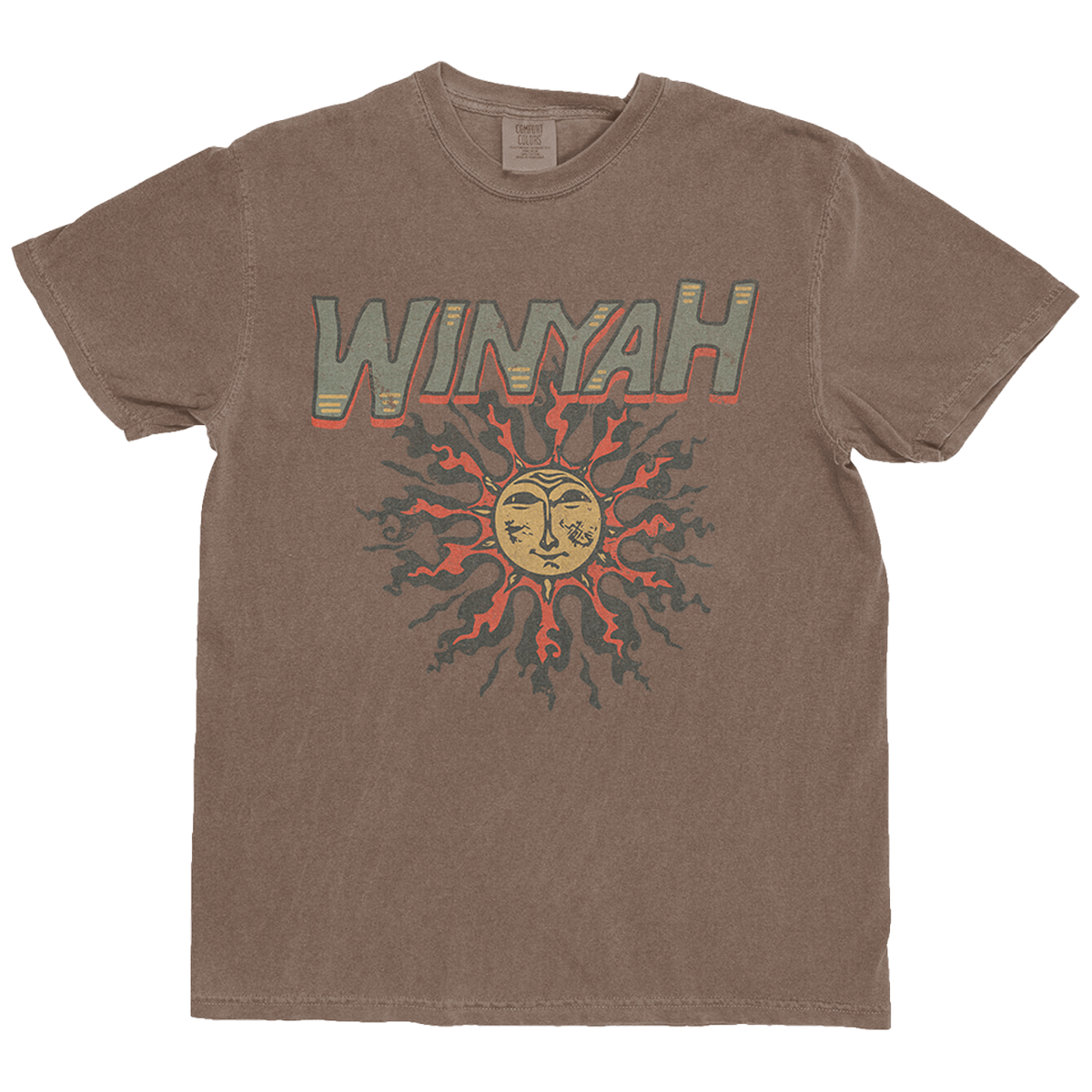 Brown t-shirt with 'Winyah' graphic design on a white background